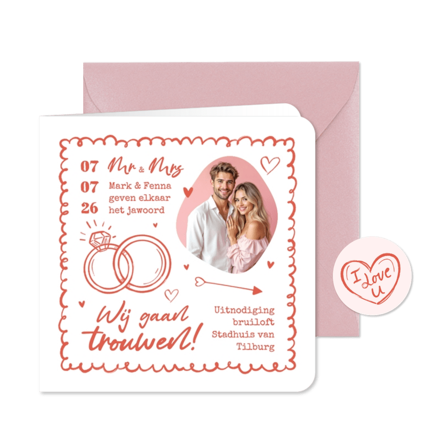 Hippe trouwkaart uitnodiging trouwringen doodle tijdlijn  - Kaartimpressie