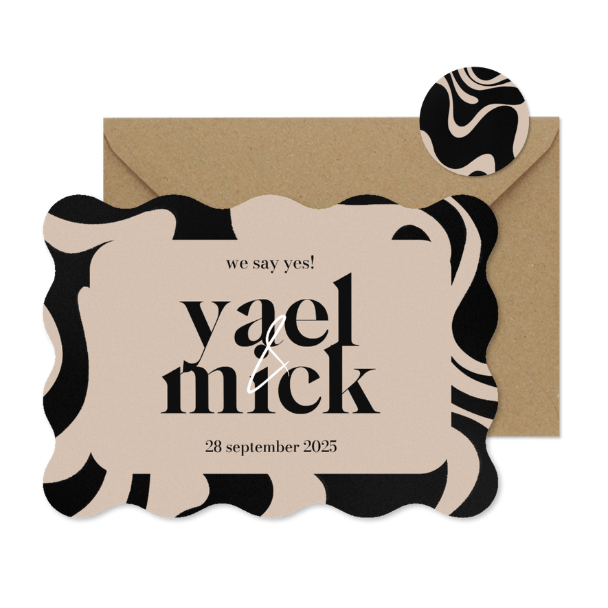 Hippe trouwkaart zwarte swirl beige achtergrond typografie - Kaartimpressie