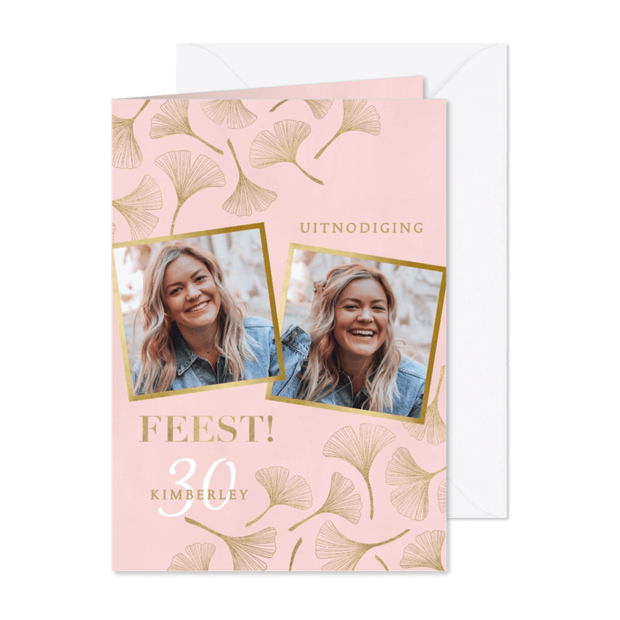 Hippe uitnodiging 30 jaar gouden blaadjes en roze waterverf - Kaartimpressie