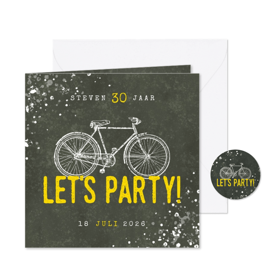 Hippe uitnodiging 30 jaar met fiets, Let's Party en spetters - Kaartimpressie