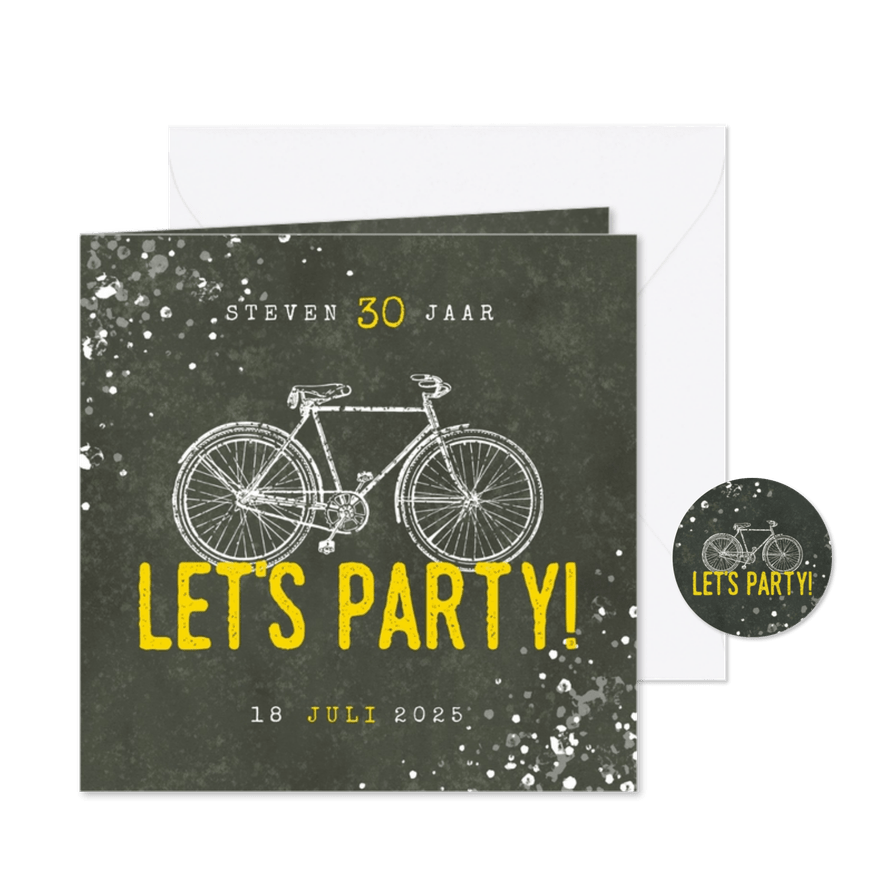 Hippe uitnodiging 30 jaar met fiets, Let's Party en spetters - Kaartimpressie