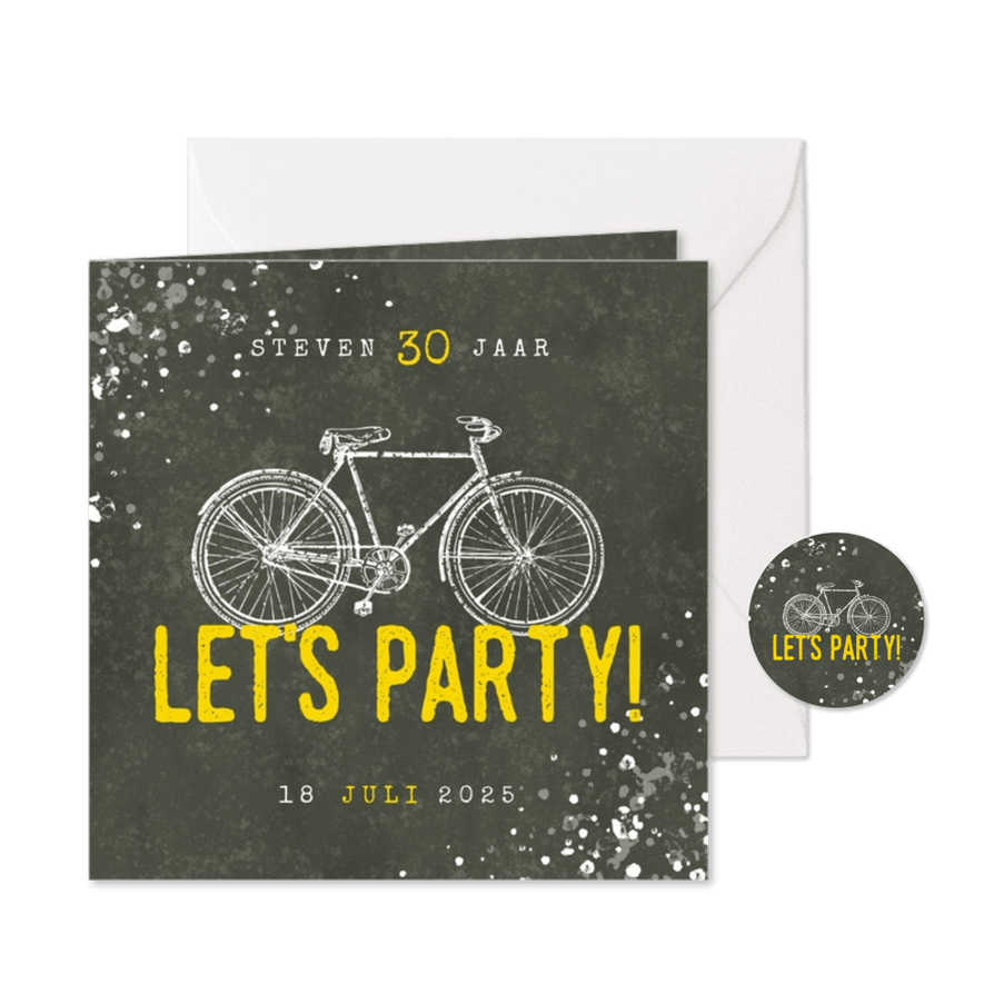 Hippe uitnodiging 30 jaar met fiets, Let's Party en spetters - Kaartimpressie