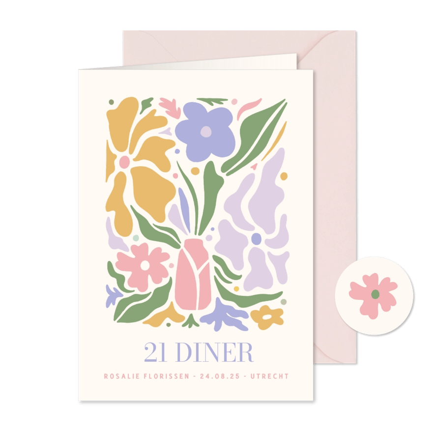 Hippe uitnodiging bloemen voor een 21 diner van een vrouw - Kaartimpressie