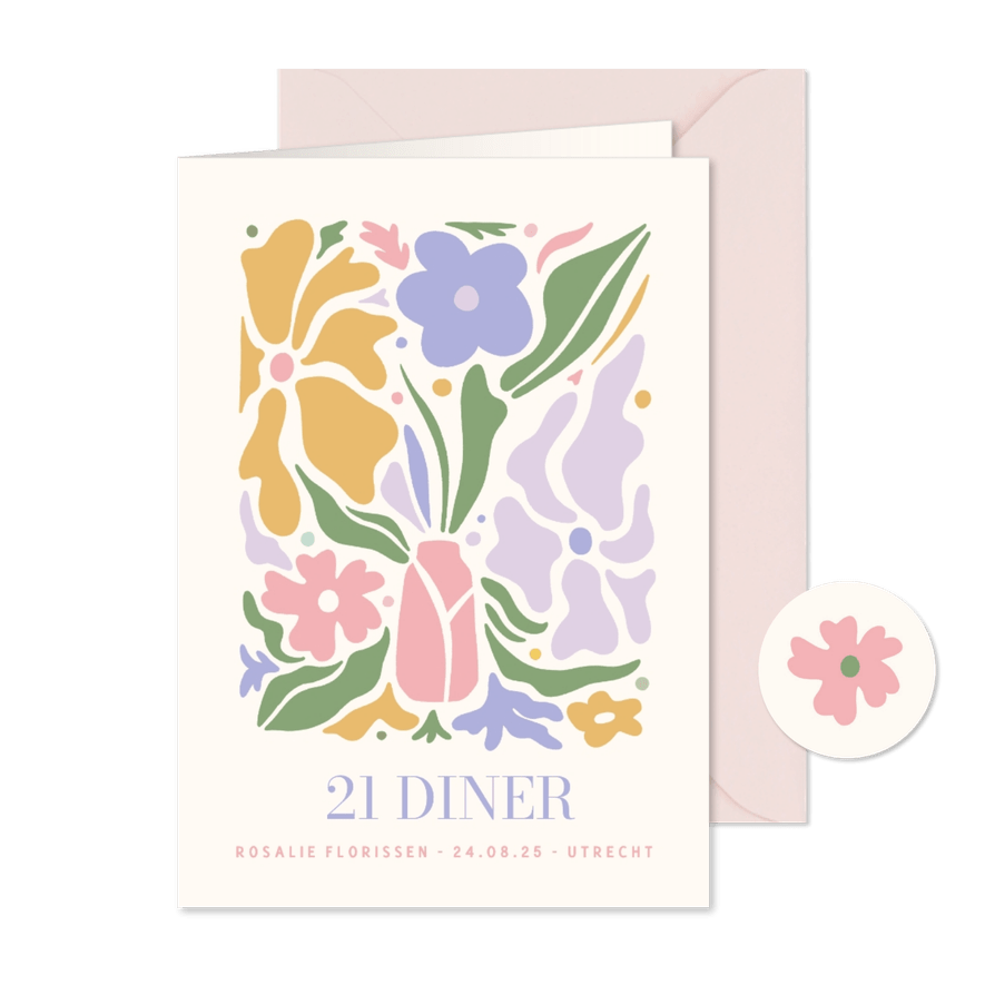 Hippe uitnodiging bloemen voor een 21 diner van een vrouw - Kaartimpressie