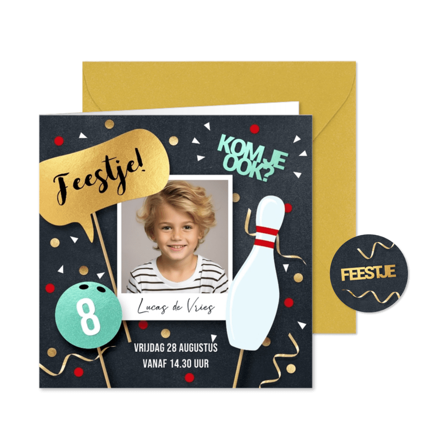 Hippe uitnodiging bowling kinderfeestje jongen of meisje - Kaartimpressie