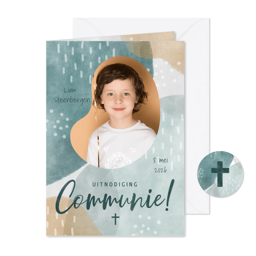 Hippe uitnodiging communie jongen waterverf en foto - Kaartimpressie
