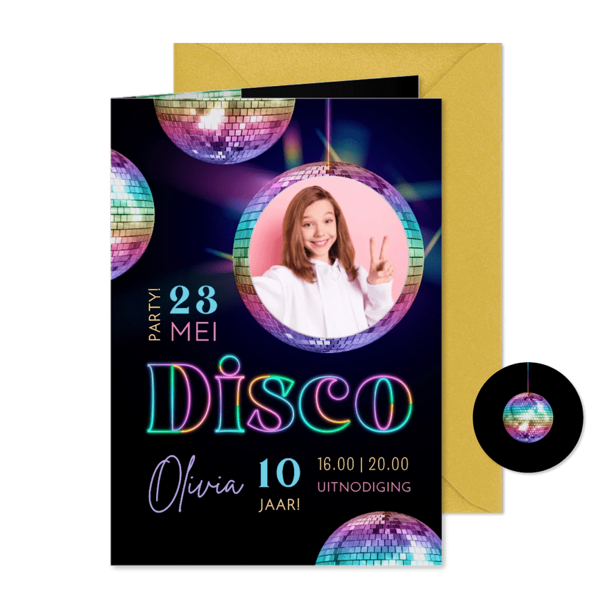 Hippe uitnodiging discofeestje lichtgevende regenboogkleuren - Kaartimpressie