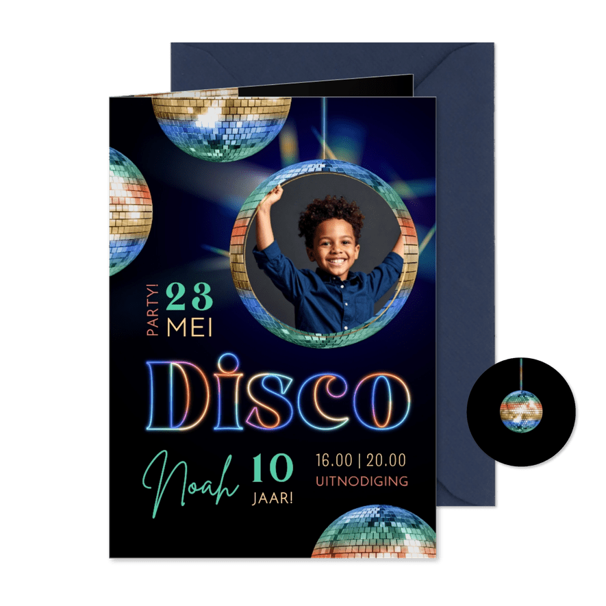 Hippe uitnodiging discofeestje stoere lichtgevende kleuren - Kaartimpressie