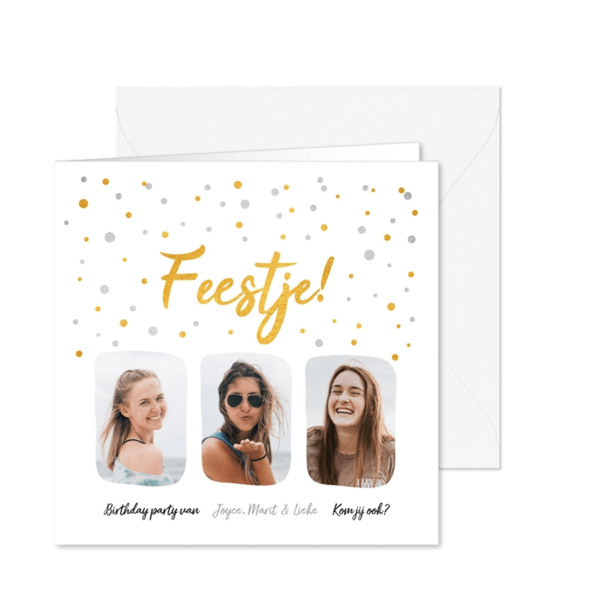 Hippe uitnodiging feestje met goud en zilver confetti - Kaartimpressie