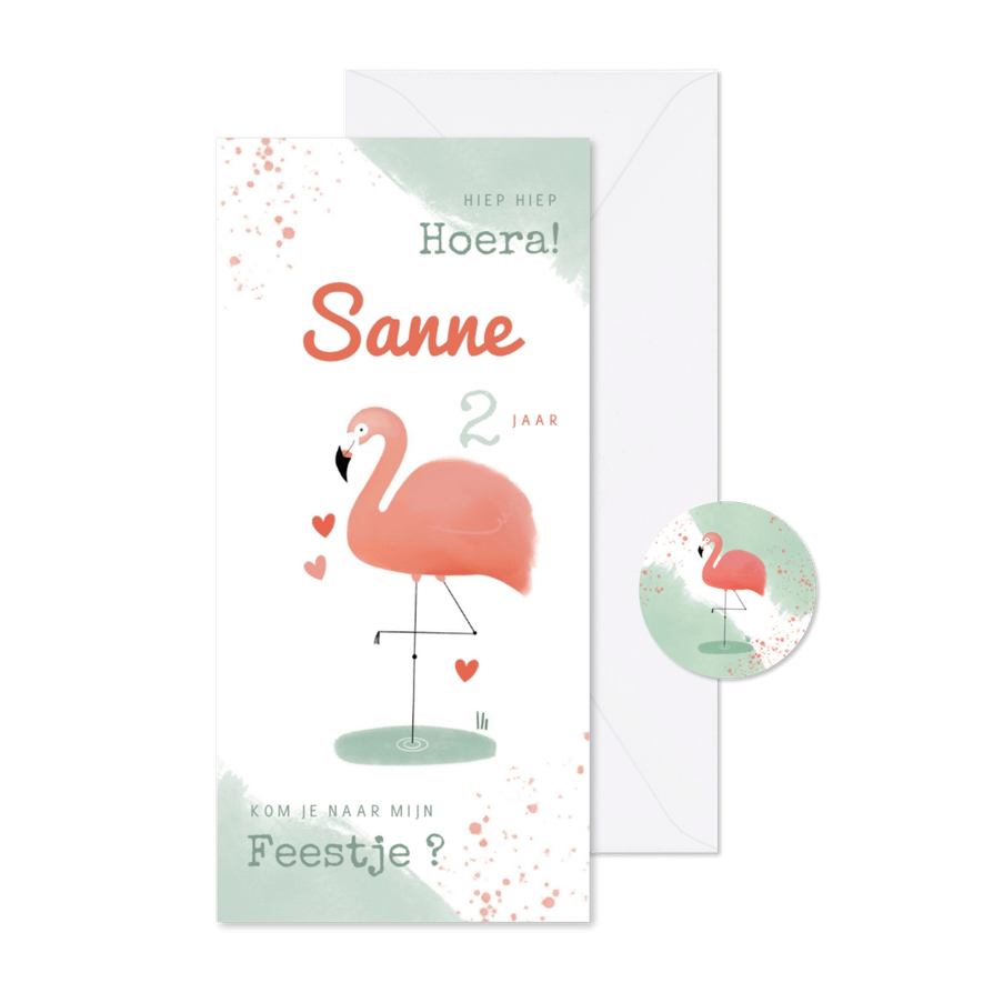 Hippe uitnodiging flamingo waterverf meisje 2e verjaardag - Kaartimpressie