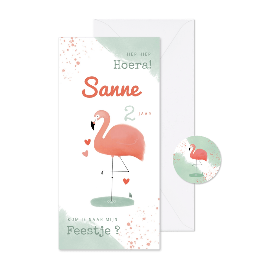 Hippe uitnodiging flamingo waterverf meisje 2e verjaardag - Kaartimpressie