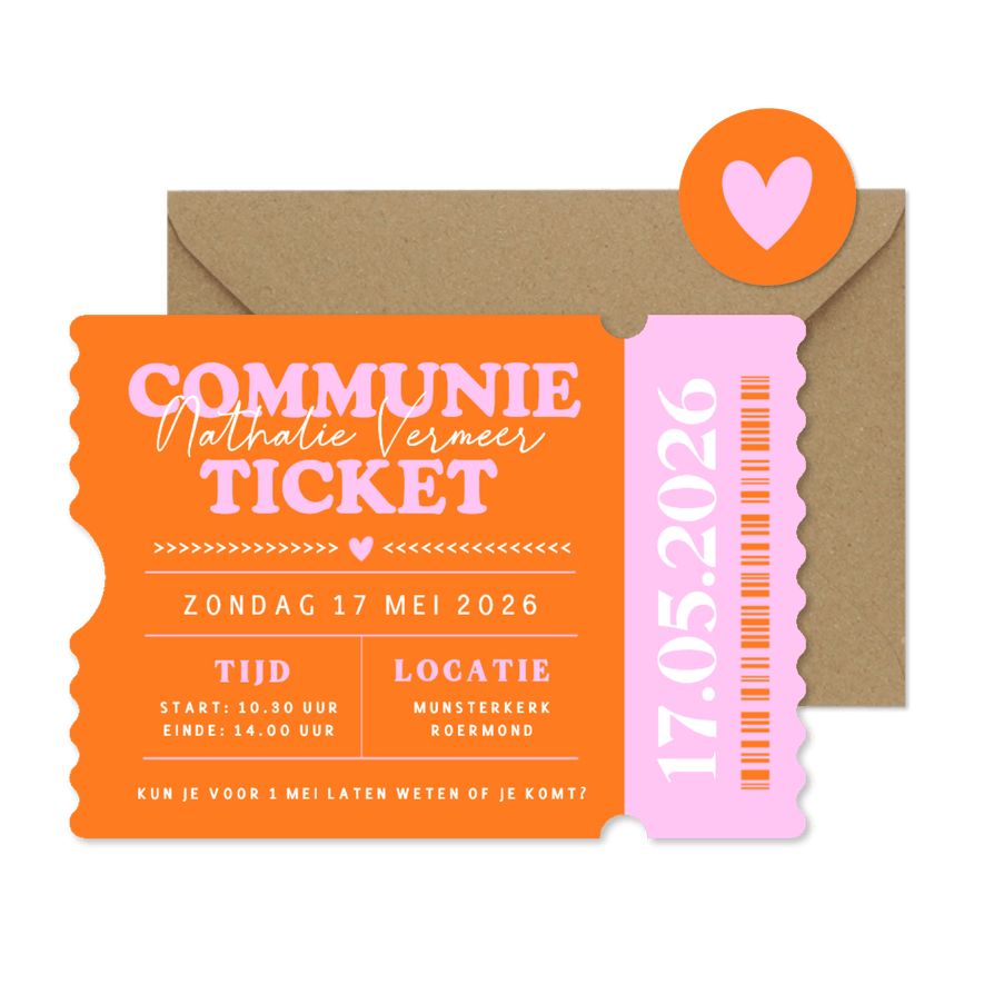 Hippe uitnodiging in ticket vorm - communie meisje  - Kaartimpressie