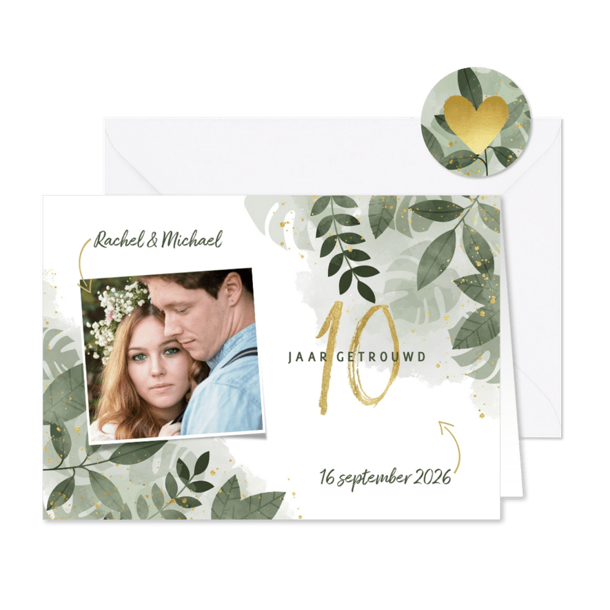 Hippe uitnodiging jubileum 10 jaar met planten en waterverf - Kaartimpressie