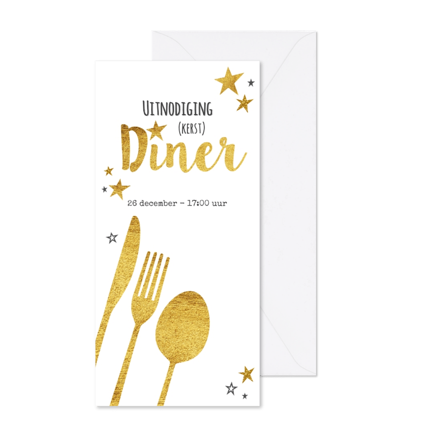 Hippe uitnodiging (kerst) diner bestek goud sterren - Kaartimpressie