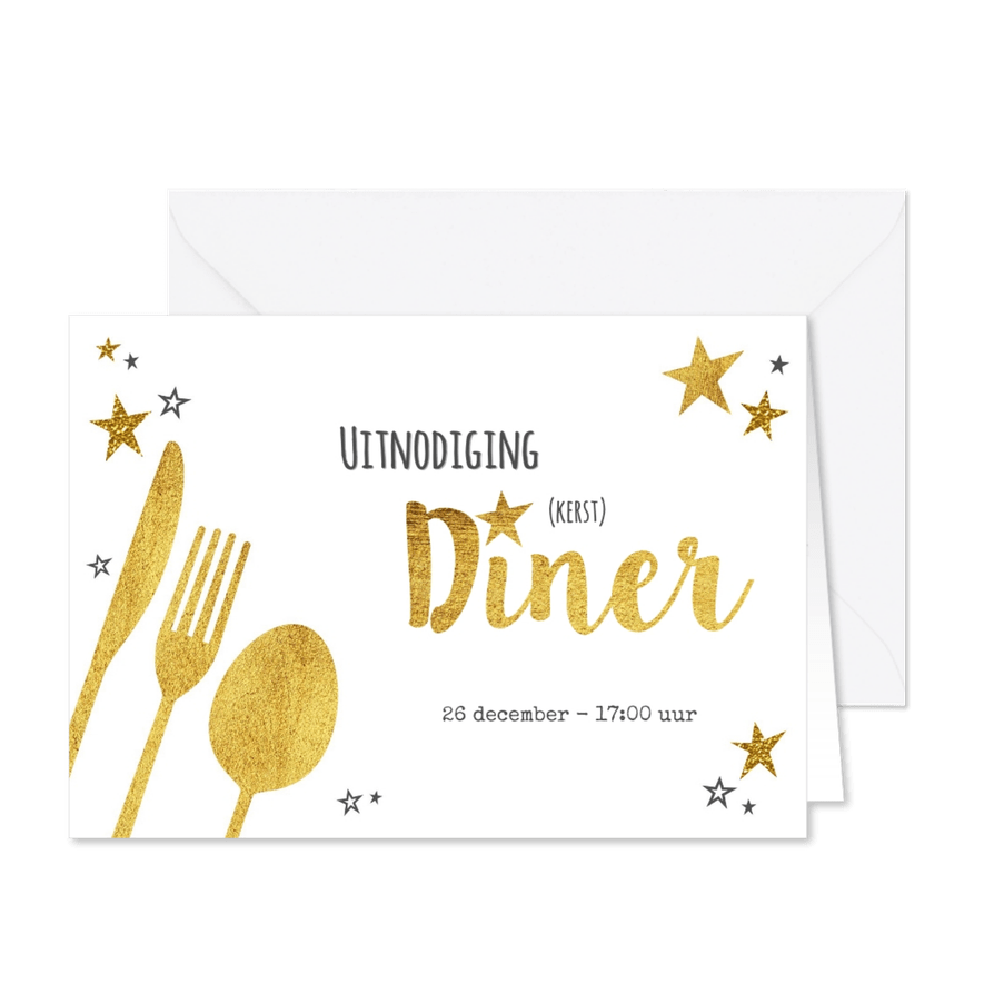 Hippe uitnodiging (kerst) diner goud sterren en bestek - Kaartimpressie
