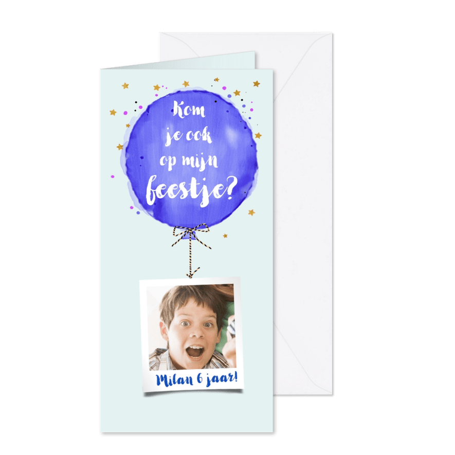 Hippe uitnodiging kinderfeest met ballon in waterverf - Kaartimpressie