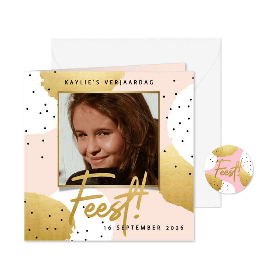 Hippe uitnodiging kinderfeestje met gouden en witte stippen - Kaartimpressie