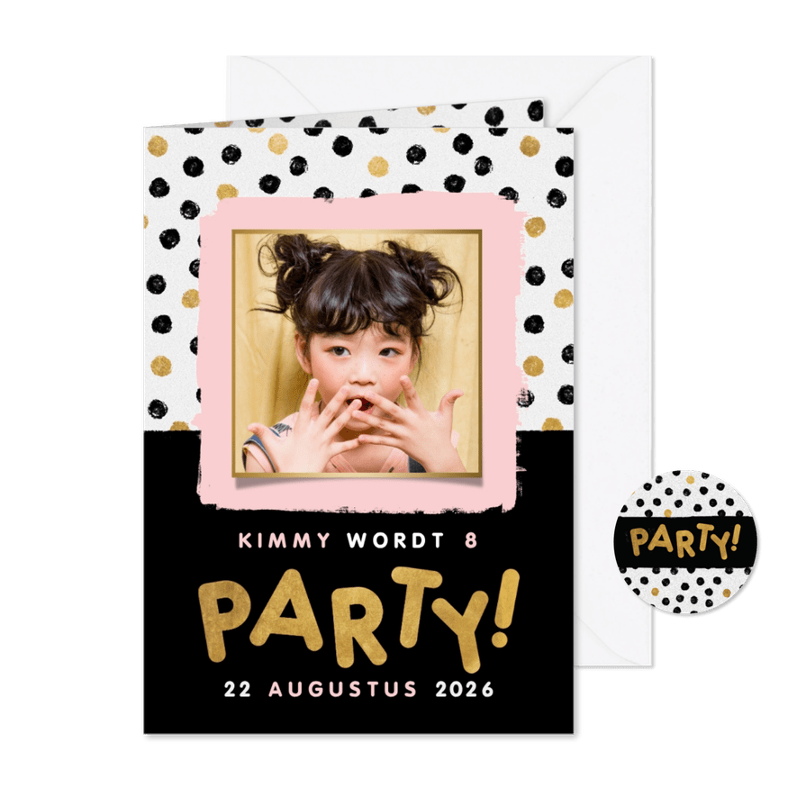 Hippe uitnodiging kinderfeestje met stipjes, kader en party! - Kaartimpressie