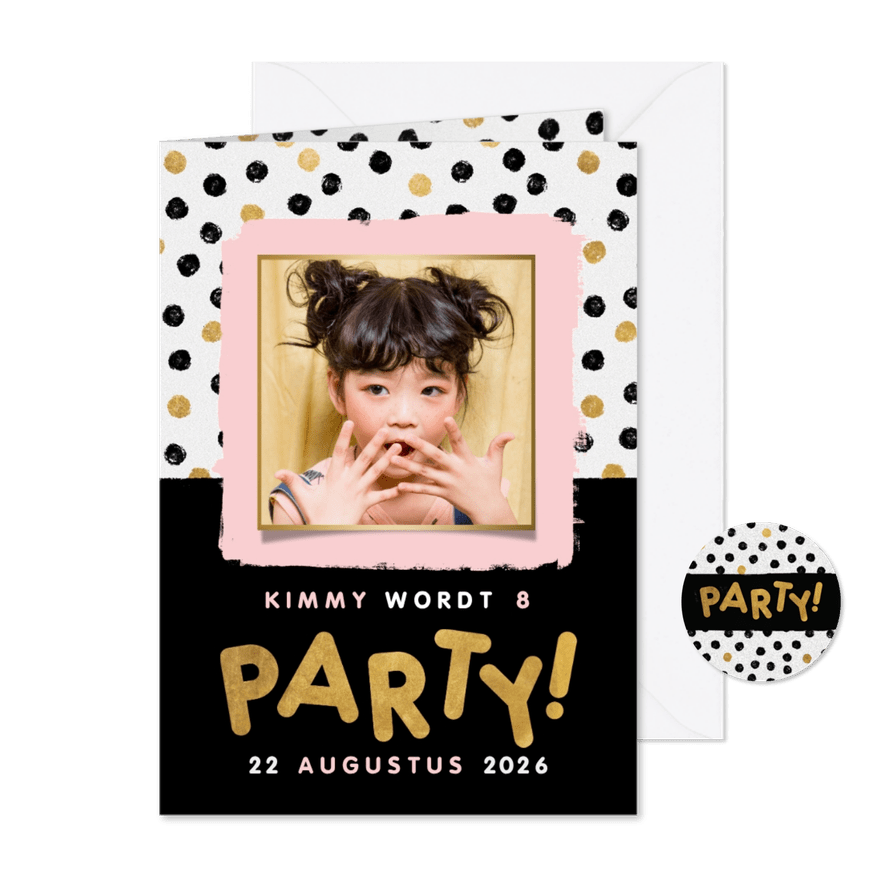 Hippe uitnodiging kinderfeestje met stipjes, kader en party! - Kaartimpressie