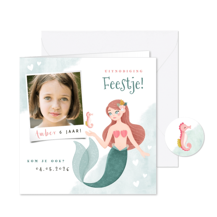Hippe uitnodiging kinderfeestje zeemeermin zeepaardje & foto - Kaartimpressie