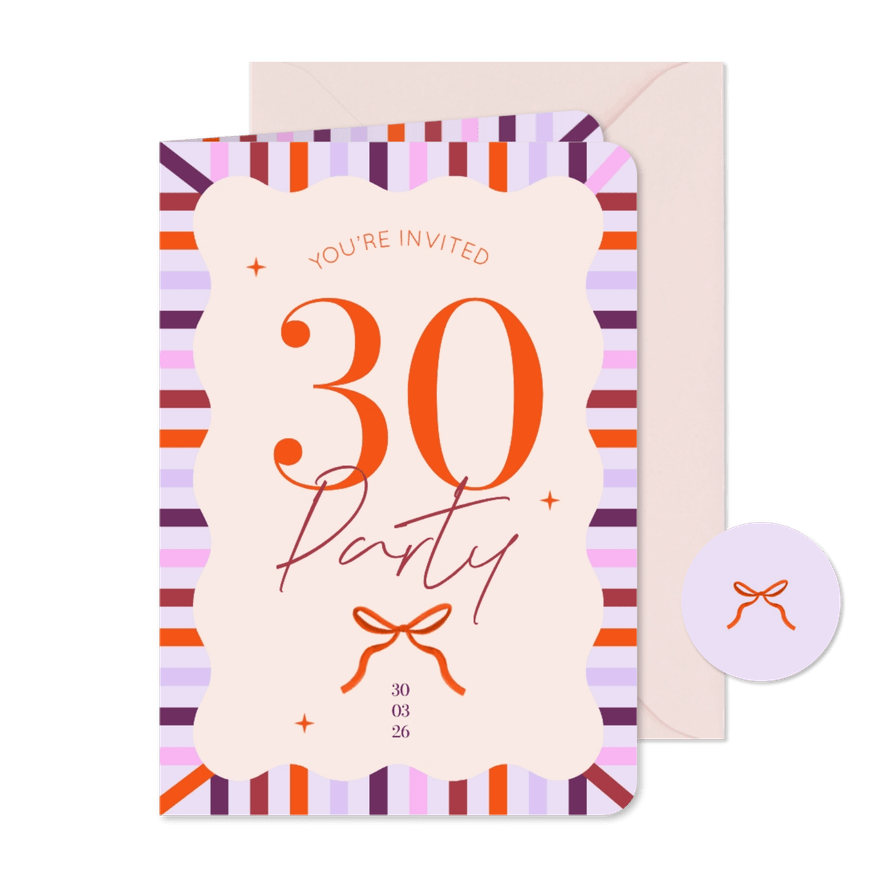 Hippe uitnodiging kleurrijke strepen lila verjaardag strik - Kaartimpressie