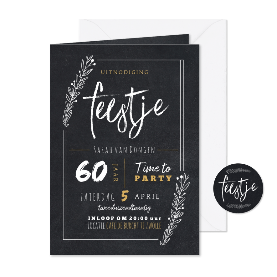 Hippe uitnodiging krijtbord look met feestje en takjes - Kaartimpressie
