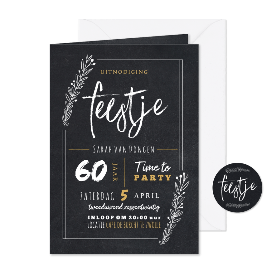 Hippe uitnodiging krijtbord look met feestje en takjes - Kaartimpressie