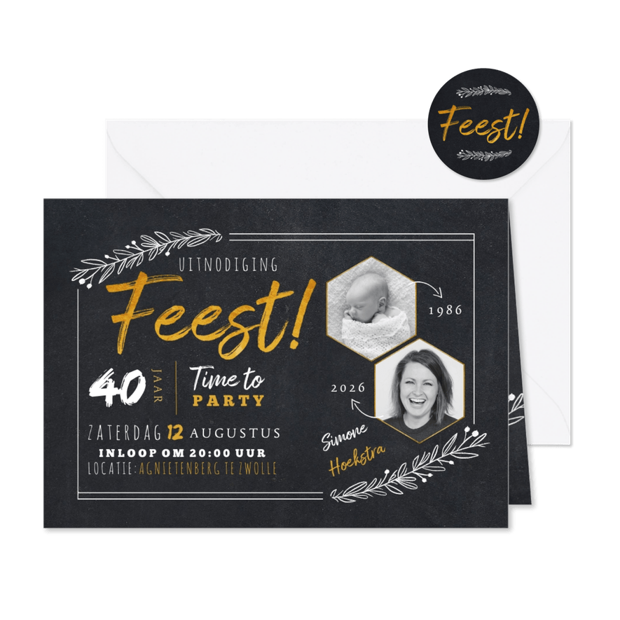 Hippe uitnodiging krijtbord look met foto's en handlettering - Kaartimpressie