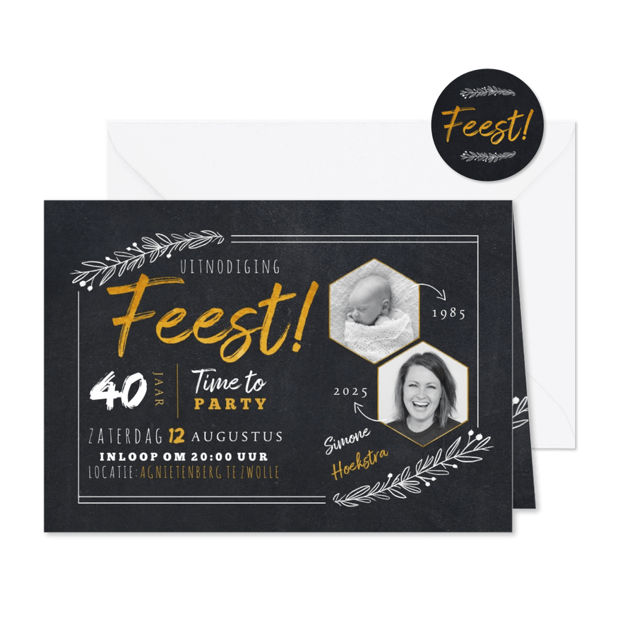 Hippe uitnodiging krijtbord look met foto's en handlettering - Kaartimpressie