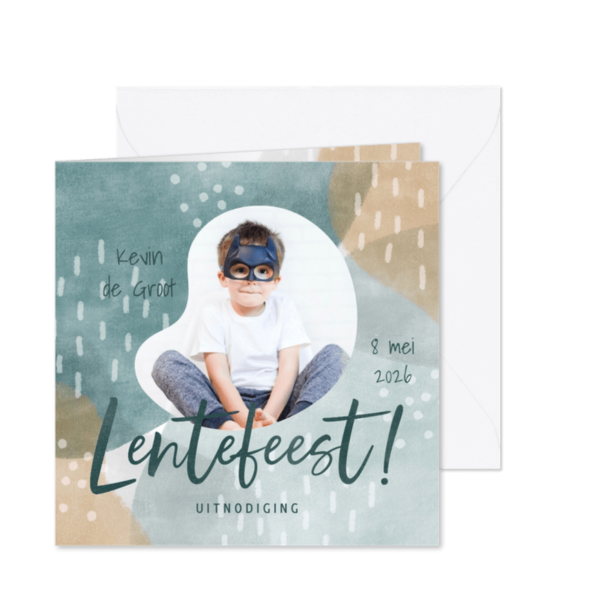 Hippe uitnodiging Lentefeest blauwe waterverf vormen en foto - Kaartimpressie
