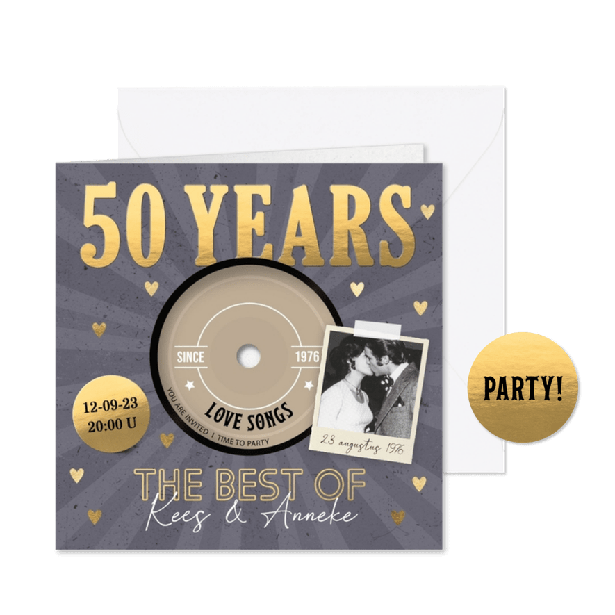Hippe uitnodiging LP huwelijk jubileum 50 jaar - Kaartimpressie