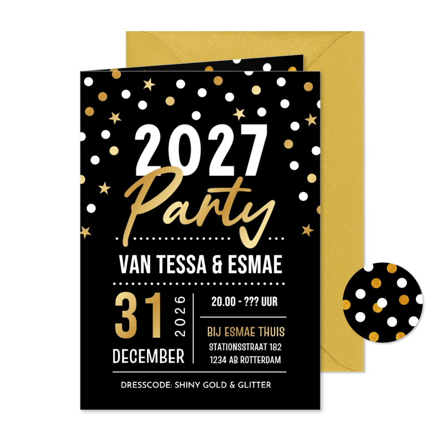 Hippe uitnodiging nieuwjaars party met foliedruk en confetti - Kaartimpressie