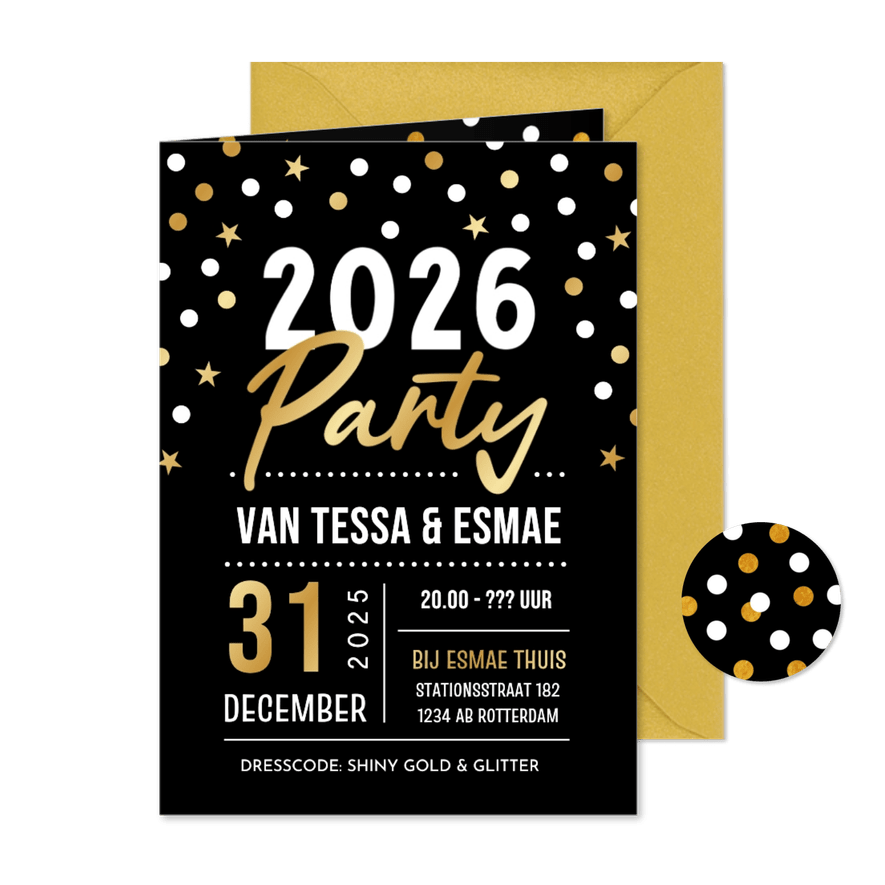 Hippe uitnodiging nieuwjaars party met foliedruk en confetti - Kaartimpressie