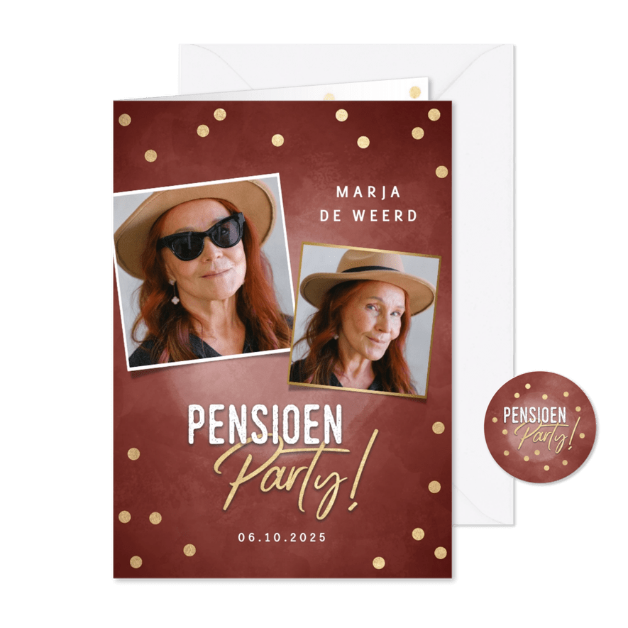 Hippe uitnodiging pensioen party gouden confetti & foto's - Kaartimpressie