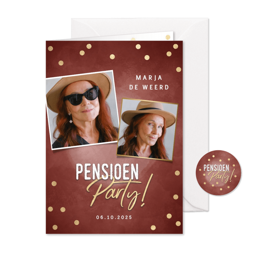 Hippe uitnodiging pensioen party gouden confetti & foto's - Kaartimpressie