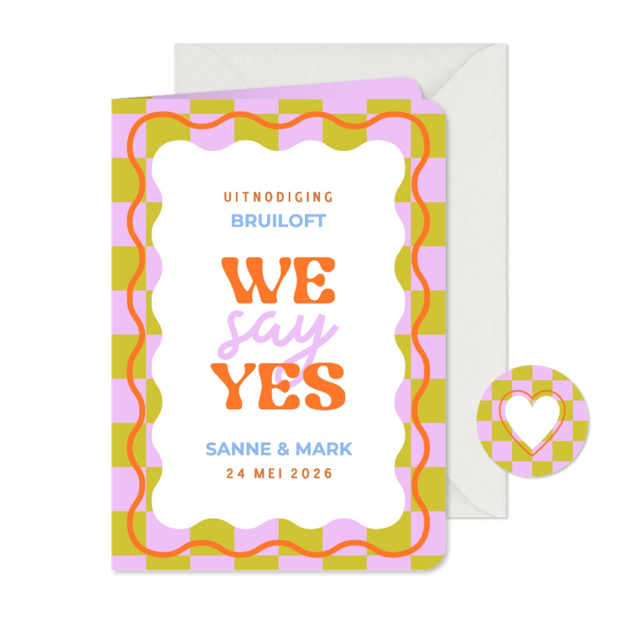 Hippe uitnodiging trouwdag met wave en blokjes - Kaartimpressie