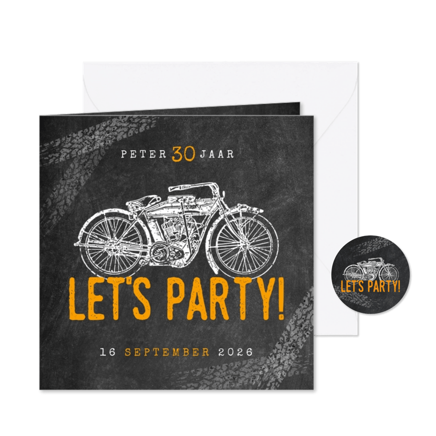 Hippe uitnodiging verjaardag 30 jaar met motor & Let's Party - Kaartimpressie