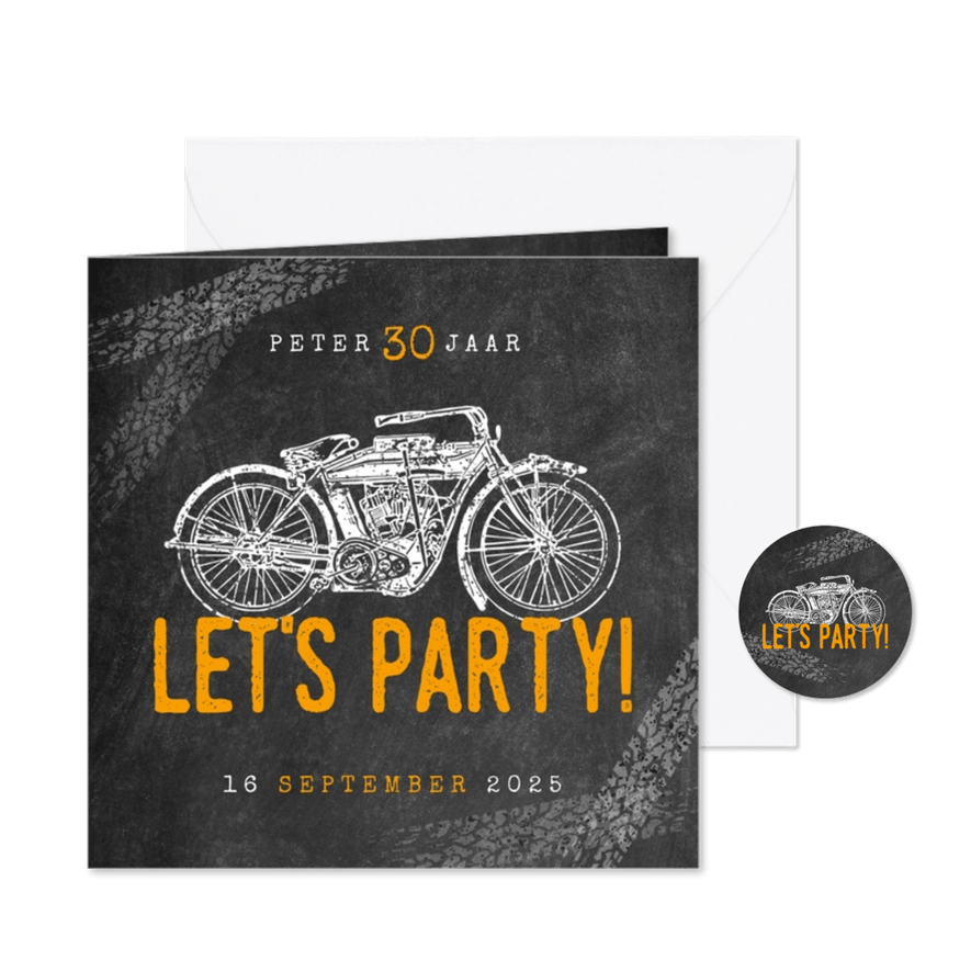 Hippe uitnodiging verjaardag 30 jaar met motor & Let's Party - Kaartimpressie