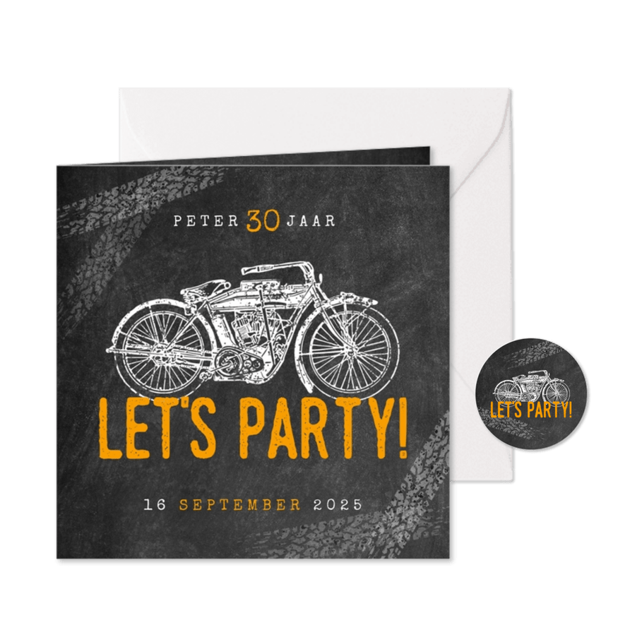 Hippe uitnodiging verjaardag 30 jaar met motor & Let's Party - Kaartimpressie