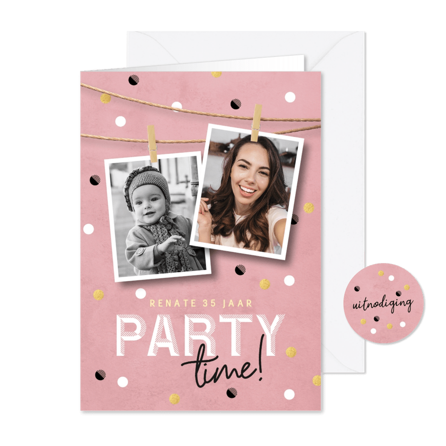 Hippe uitnodiging verjaardag vrouw twee foto's - Kaartimpressie