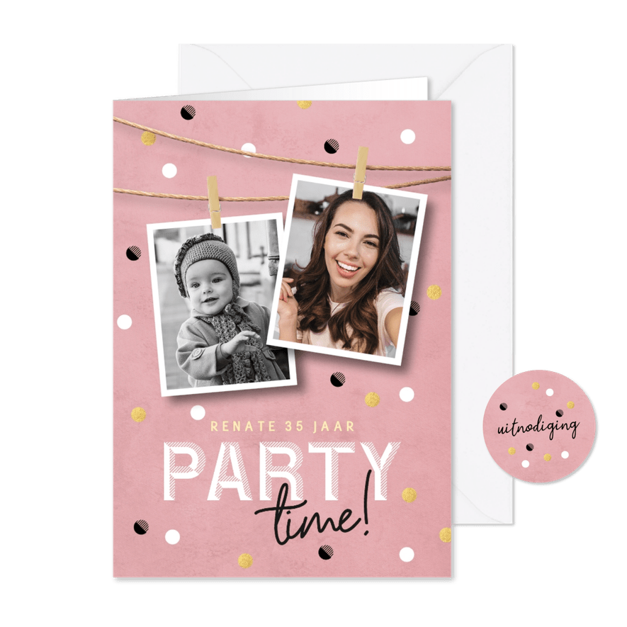 Hippe uitnodiging verjaardag vrouw twee foto's - Kaartimpressie