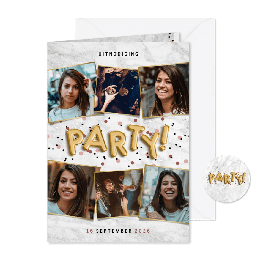 Hippe uitnodiging verjaardagsfeest met ballonnen en confetti - Kaartimpressie