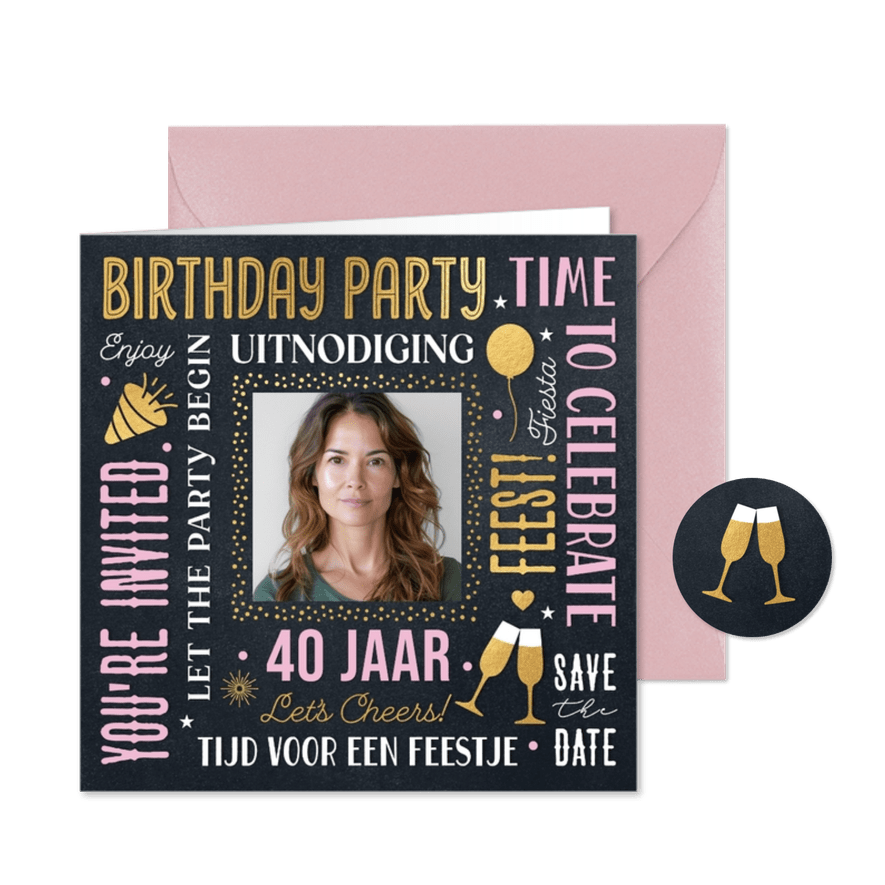 Hippe uitnodiging verjaardagsfeest vrouw - Kaartimpressie