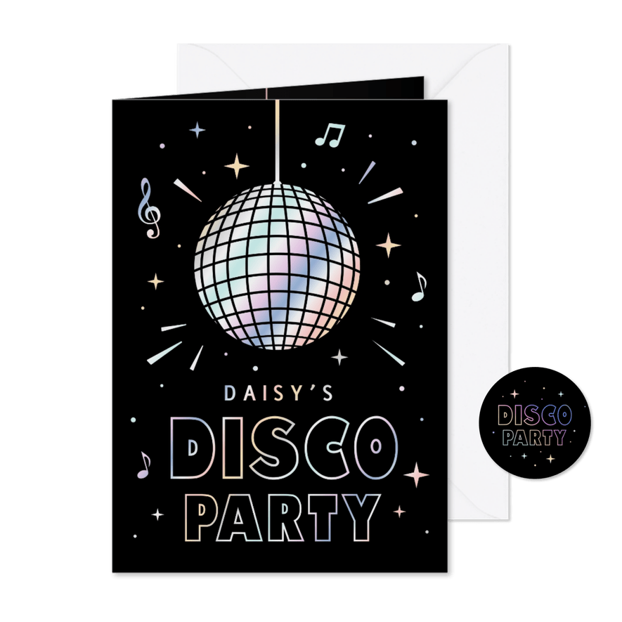 Hippe uitnodiging voor een disco feestje met regenboog folie - Kaartimpressie