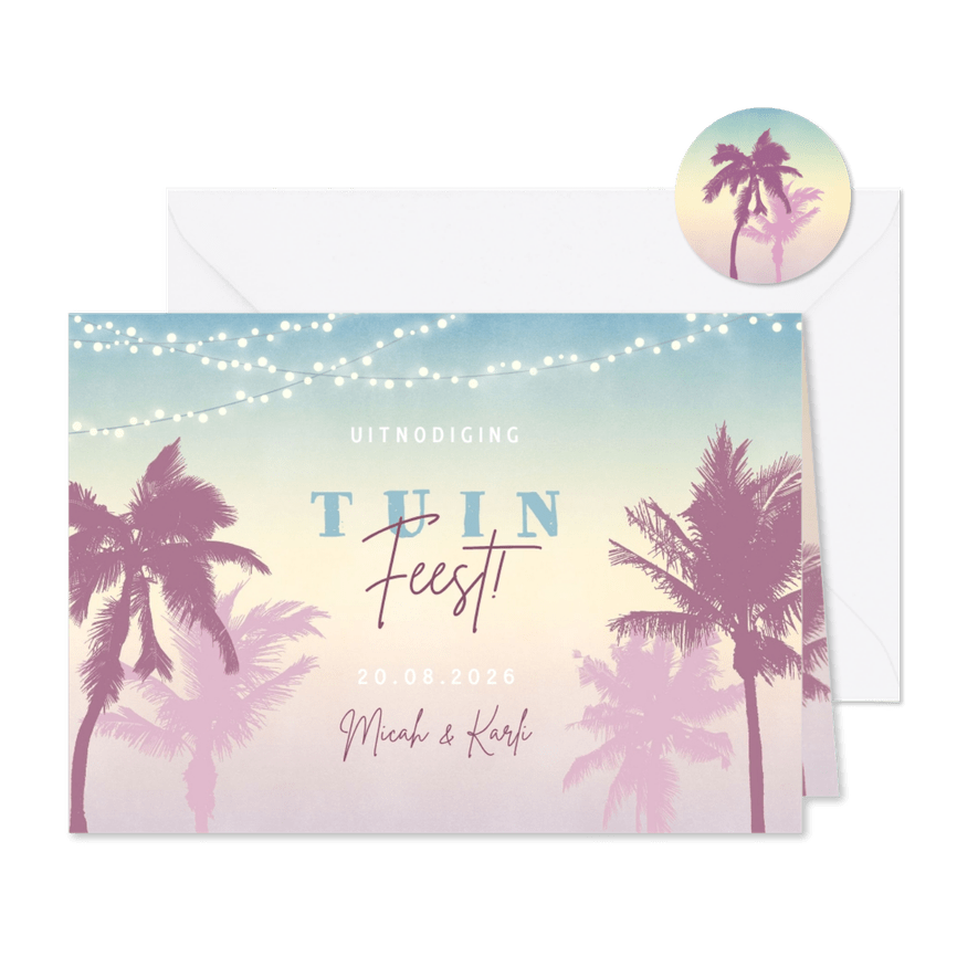 Hippe uitnodiging voor een tuinfeest met palmbomen & lampjes - Kaartimpressie