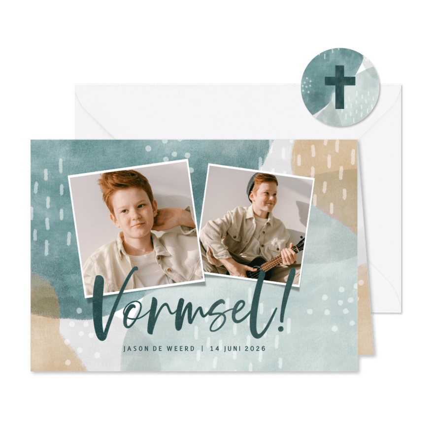 Hippe uitnodiging Vormsel jongen waterverf en foto's - Kaartimpressie