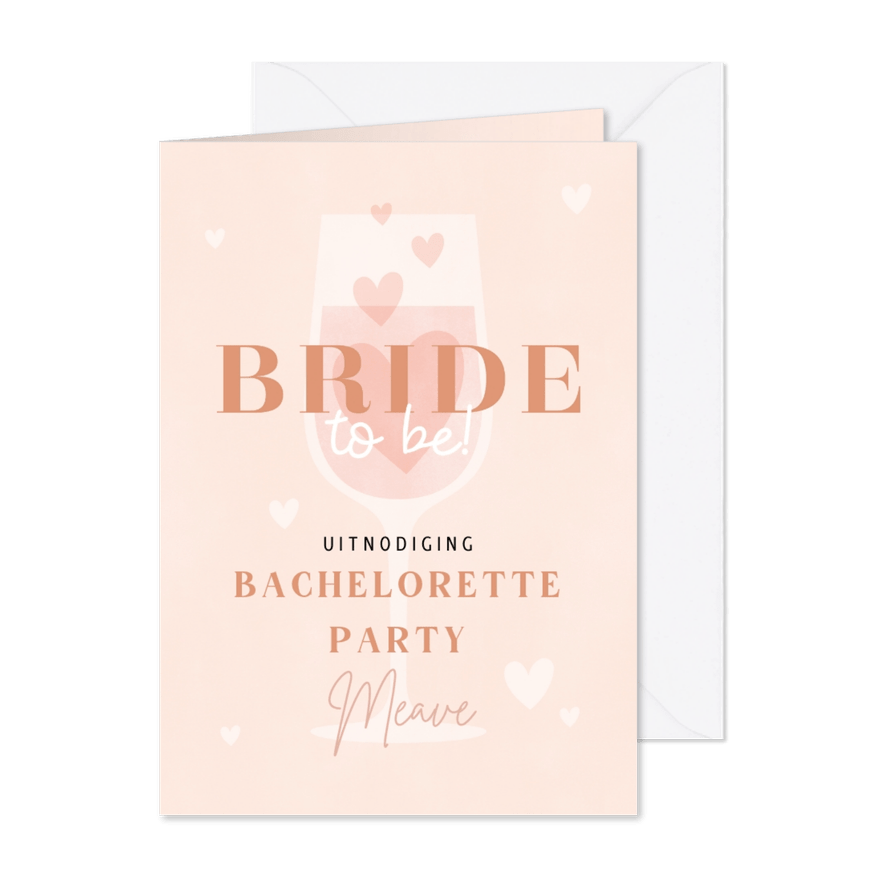 Hippe uitnodiging vrijgezellenfeest roze champagne & hartjes - Kaartimpressie