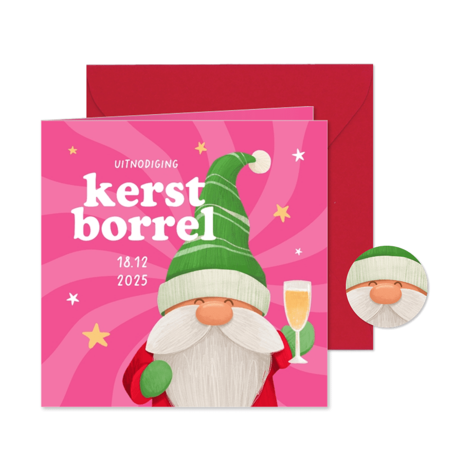 Hippe uitnodigingskaart kerstborrel gnoom kabouter - Kaartimpressie