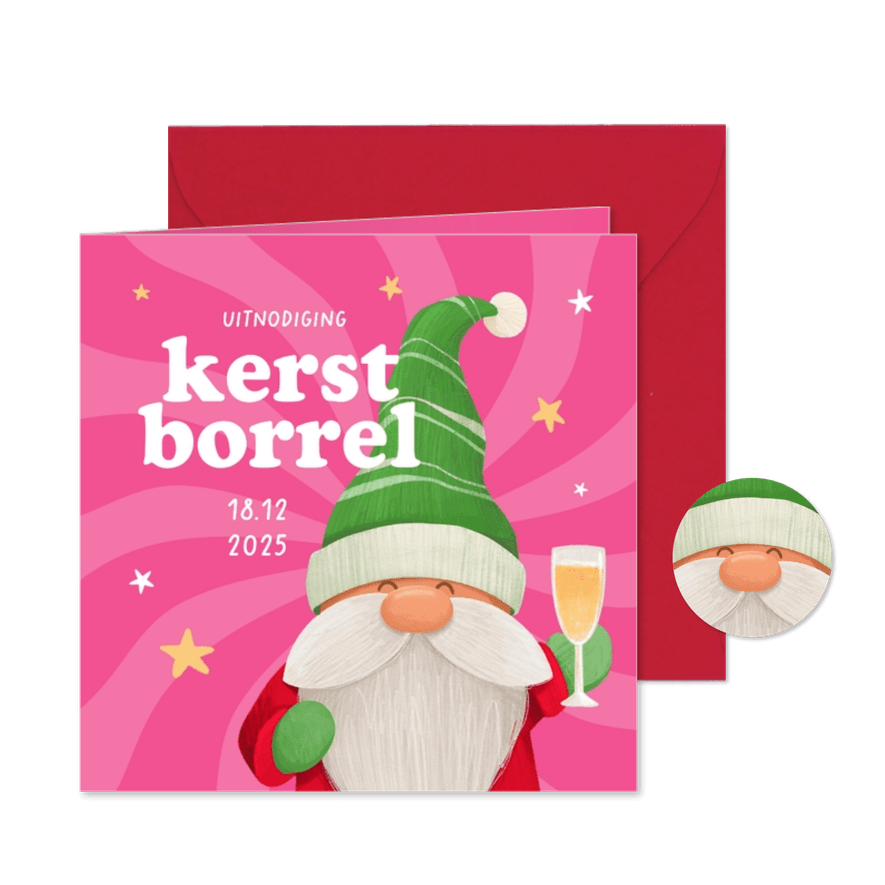 Hippe uitnodigingskaart kerstborrel gnoom kabouter - Kaartimpressie