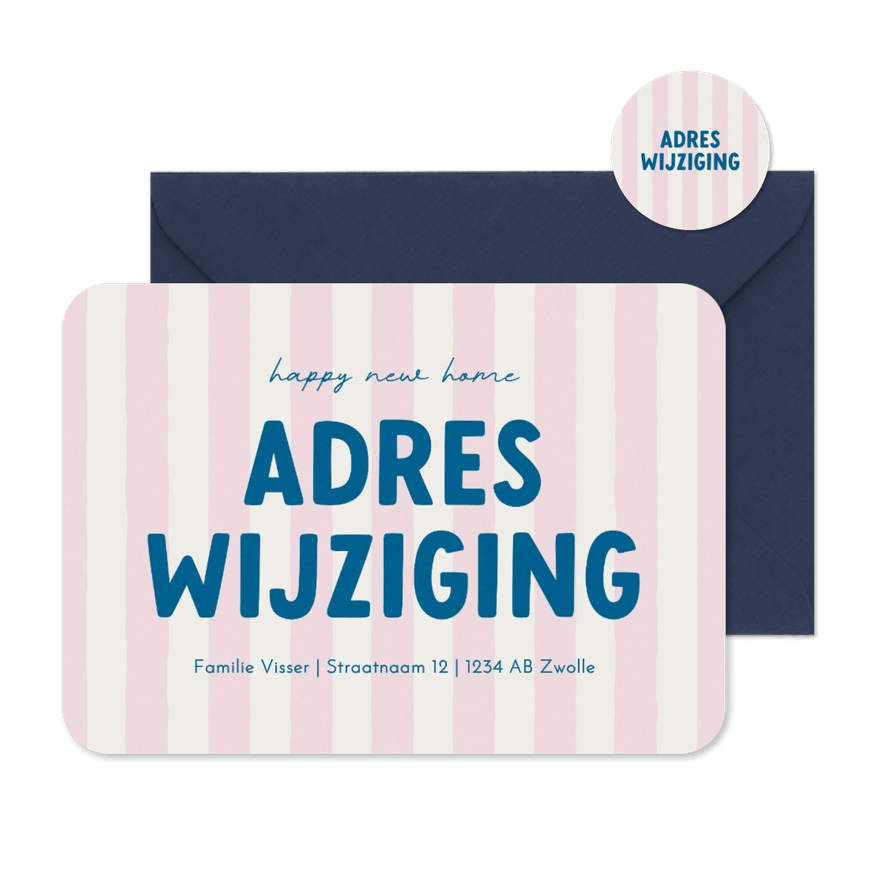 Hippe verhuiskaart adreswijziging roze wit gestreept - Kaartimpressie